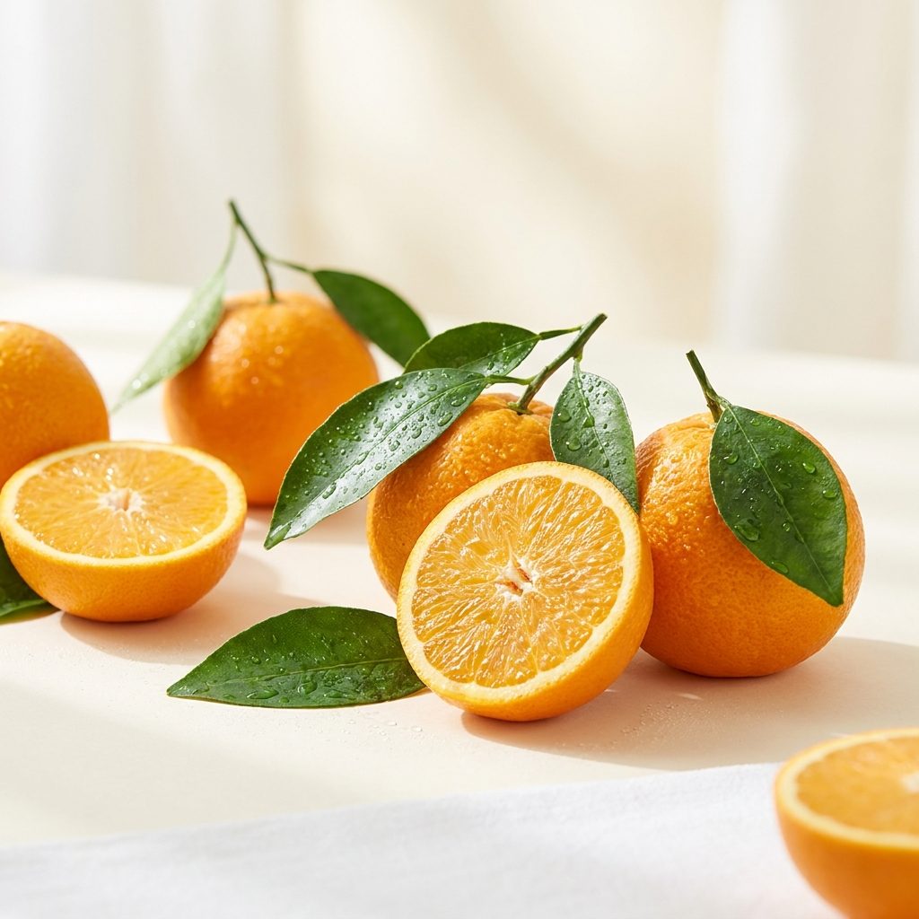 Fresh bitter oranges, Citrus aurantium, whole and halved on a clean studio surface